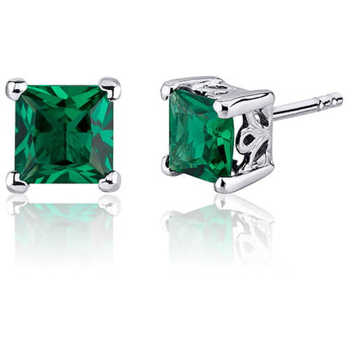 925 Silver 2ct Lab Created Emerald & CZ Cushion Cut Stud Earrings